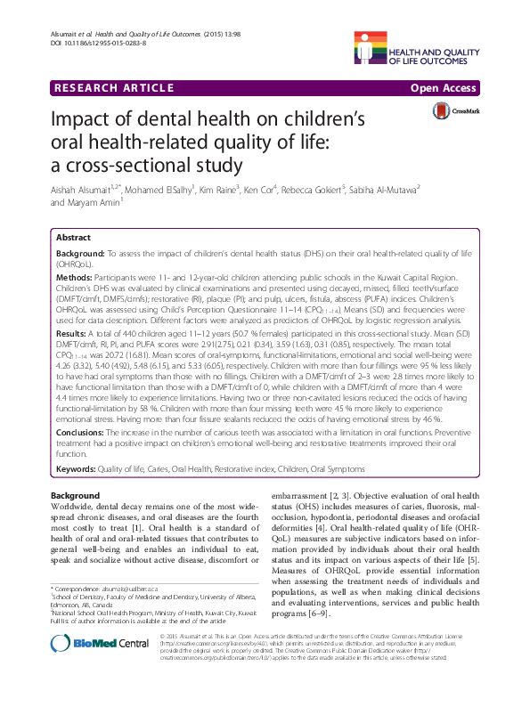 (PDF) Impact of dental health on children’s oral health-related quality ...