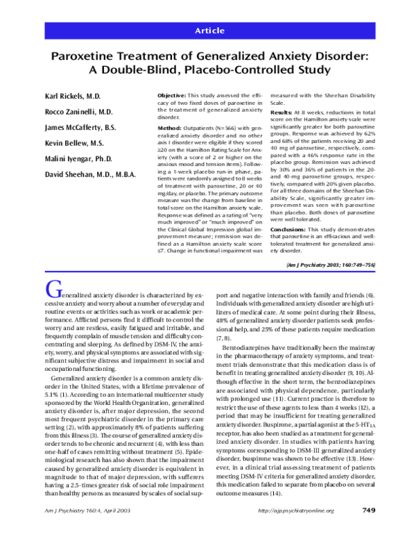 (PDF) Paroxetine Treatment of Generalized Anxiety Disorder: A Double ...