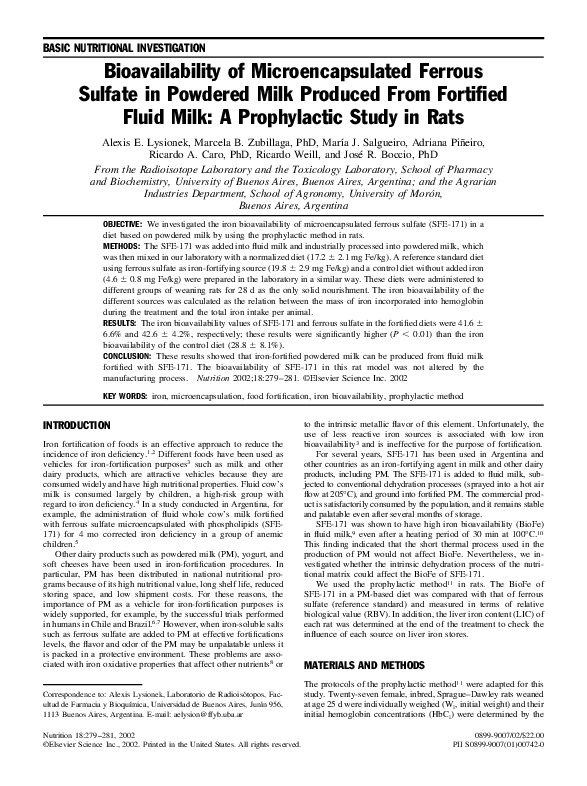 (PDF) Bioavailability of microencapsulated ferrous sulfate in milk
