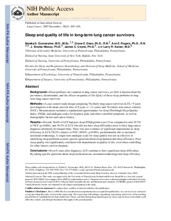 (PDF) Sleep and quality of life in long-term lung cancer survivors