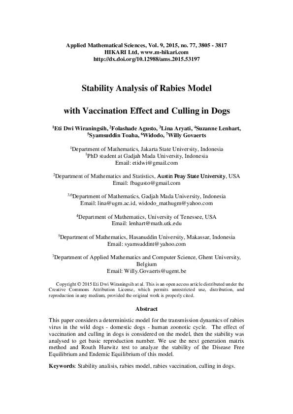 (PDF) Stability analysis of rabies model with vaccination effect and ...