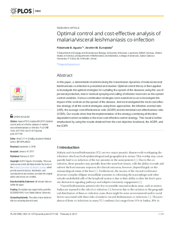 (PDF) Optimal control and cost-effective analysis of malaria/visceral ...