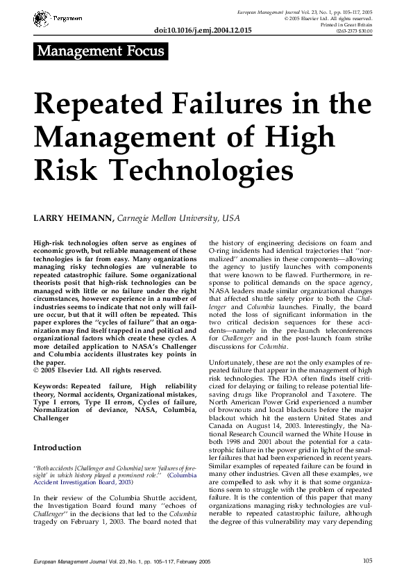 (PDF) Repeated Failures in the Management of High Risk Technologies