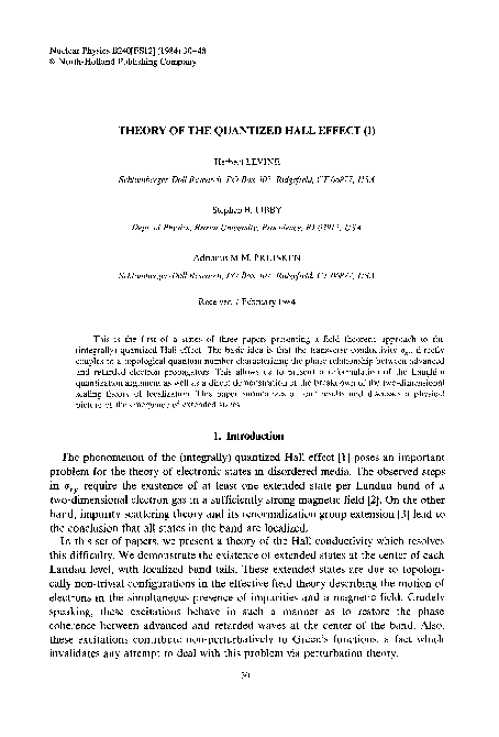 (PDF) Theory of the quantized Hall effect (I)