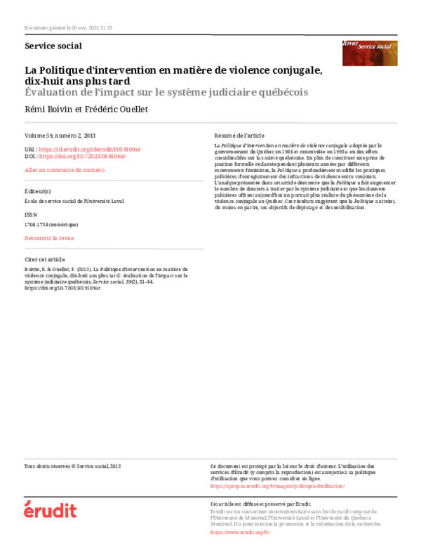 (PDF) La Politique d’intervention en matière de violence conjugale, dix ...