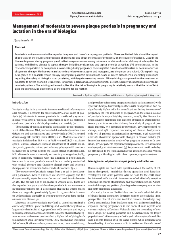 (PDF) Management of moderate to severe plaque psoriasis in pregnancy and lactation in the era of