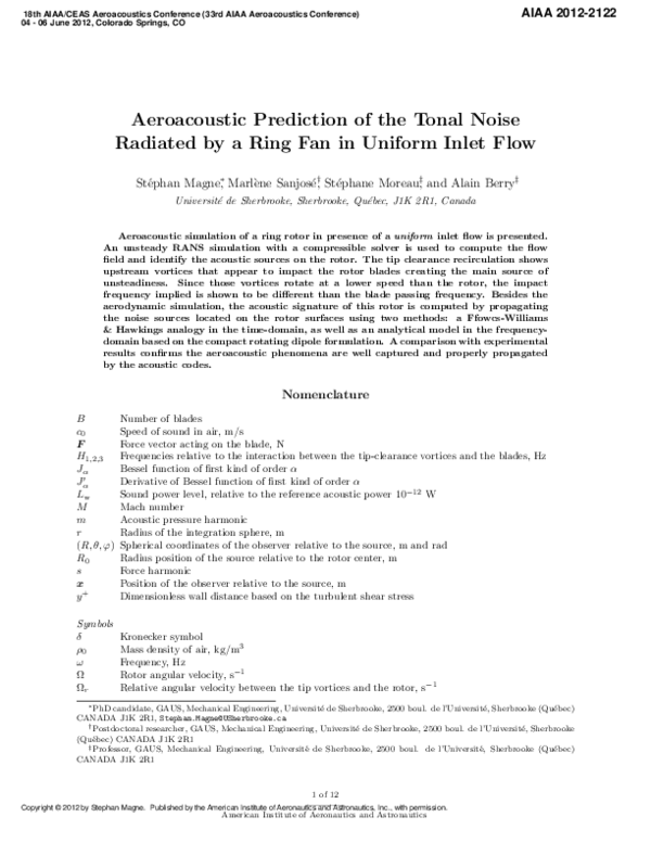 (PDF) Aeroacoustic Prediction of the Tonal Noise Radiated by a Ring Fan ...