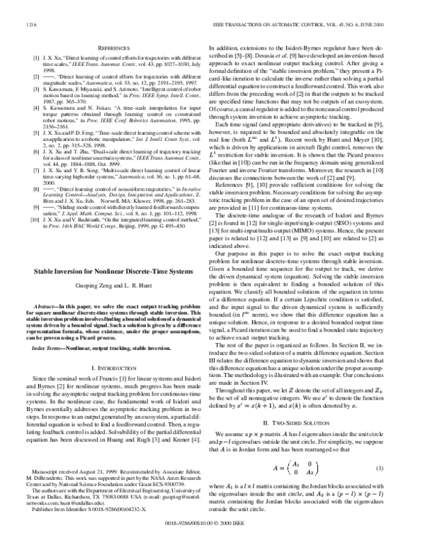(PDF) Stable inversion for nonlinear discrete-time systems