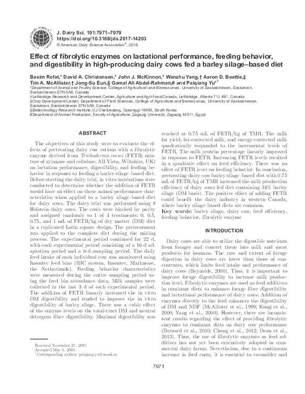 (PDF) Effect of fibrolytic enzymes on lactational performance, feeding ...