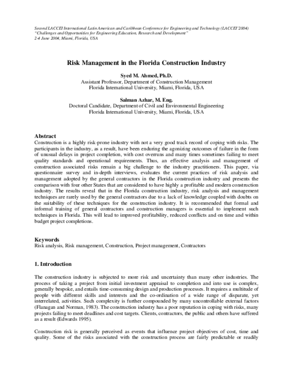 (PDF) Risk Management in the Florida Construction Industry