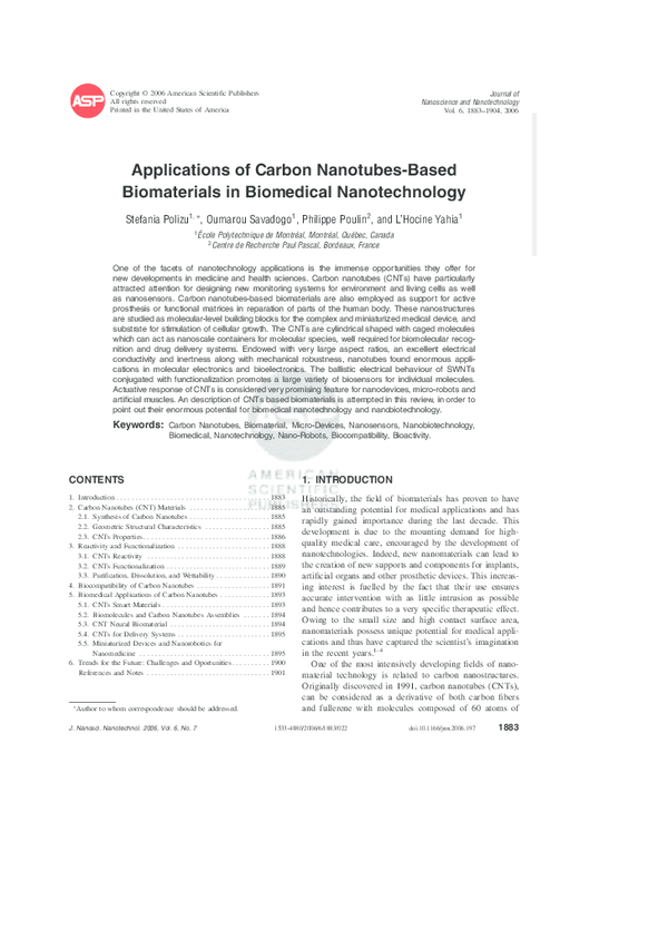 (PDF) Applications of Carbon Nanotubes-Based Biomaterials in Biomedical ...