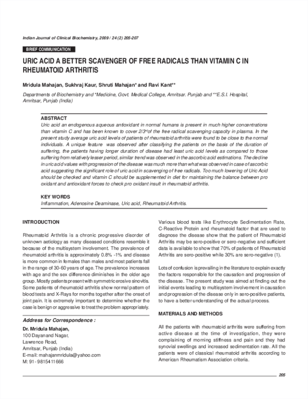 (PDF) Uric acid a better scavenger of free radicals than vitamin C in