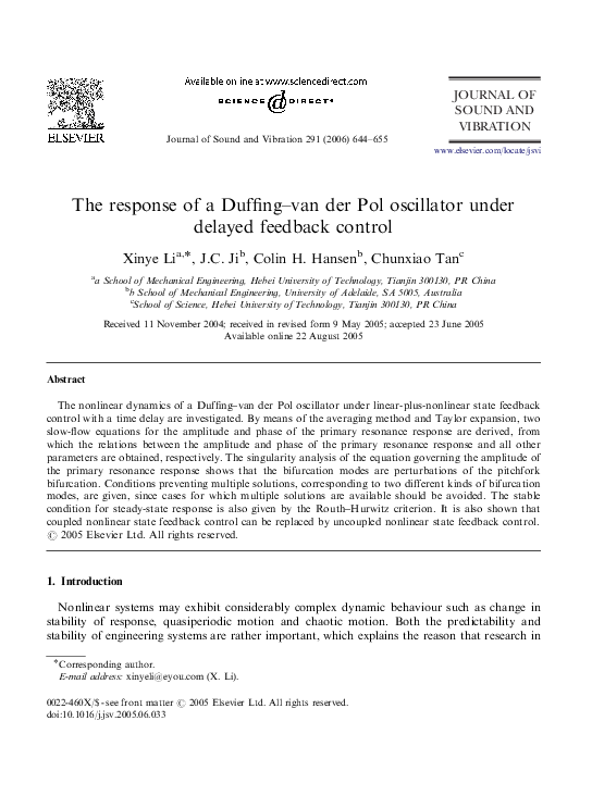 (PDF) The response of a Duffing–van der Pol oscillator under delayed ...
