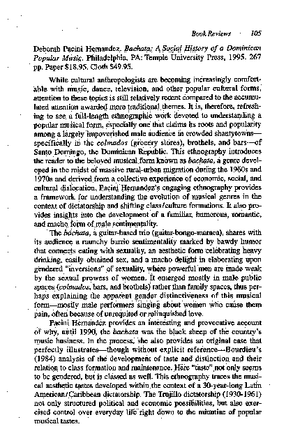 (PDF) Review of Deborah Pacini Hernandez’s Bachata: A Social History of ...