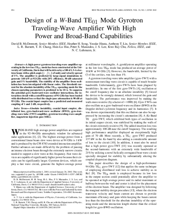 (PDF) Design of a W-band TE/sub 01/ mode gyrotron traveling-wave ...