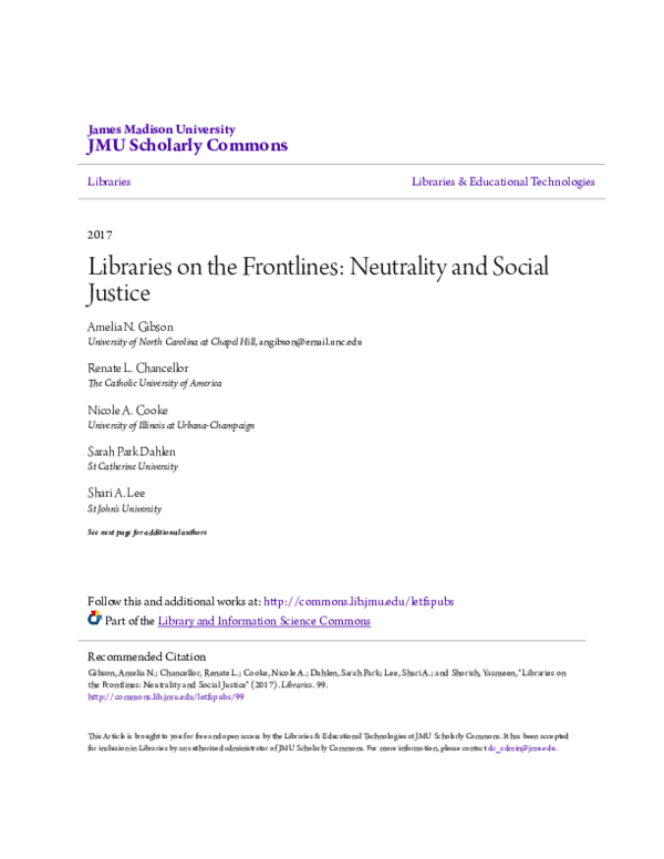 (PDF) Libraries on the frontlines: neutrality and social justice