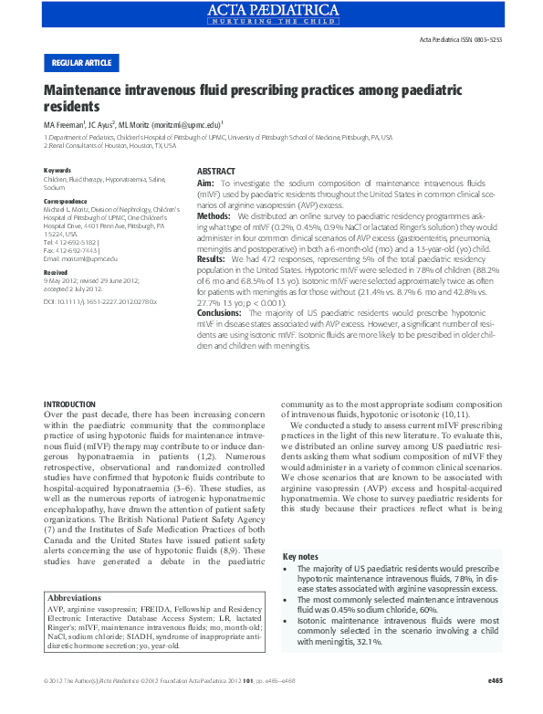 (PDF) Maintenance intravenous fluid prescribing practices among