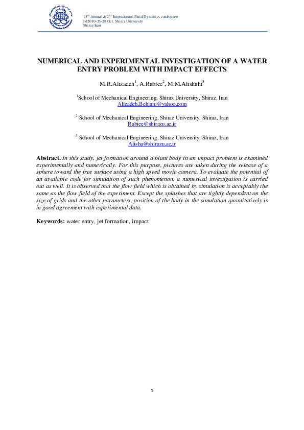 (PDF) NUMERICAL AND EXPERIMENTAL INVESTIGATION OF A WATER ENTRY PROBLEM ...