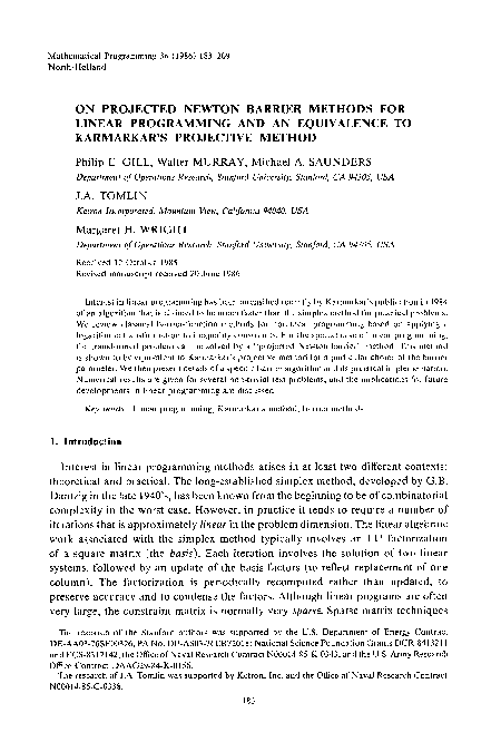 (PDF) On projected newton barrier methods for linear programming and an ...