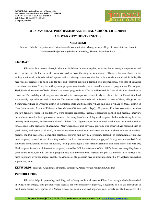 (PDF) MID DAY MEAL PROGRAMME AND RURAL SCHOOL CHILDREN: AN OVERVIEW OF ...