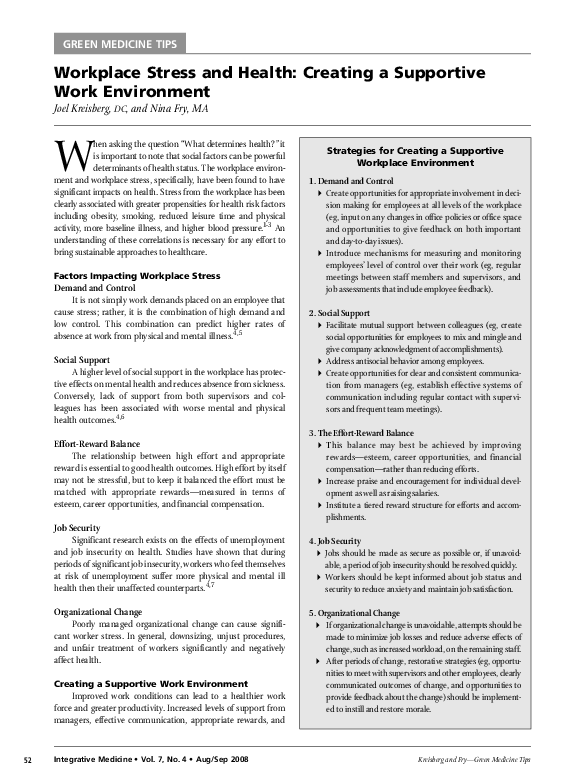 (PDF) Workplace Stress and Health: Creating a Supportive Work Environment