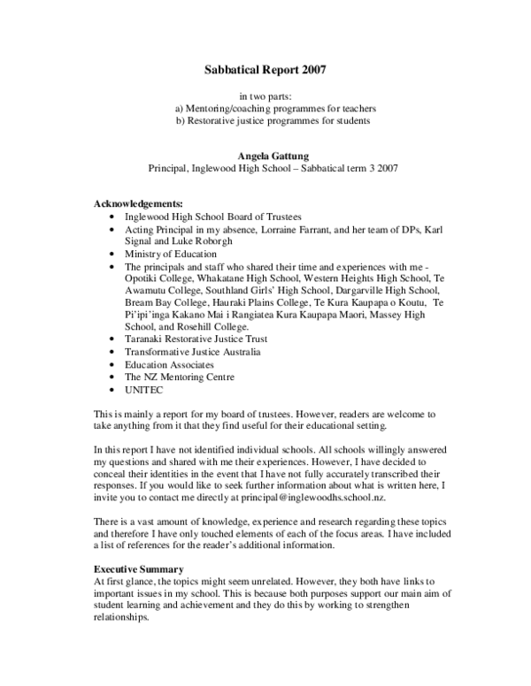 (PDF) Sabbatical Report 2007 in two parts: a) Mentoring/coaching ...