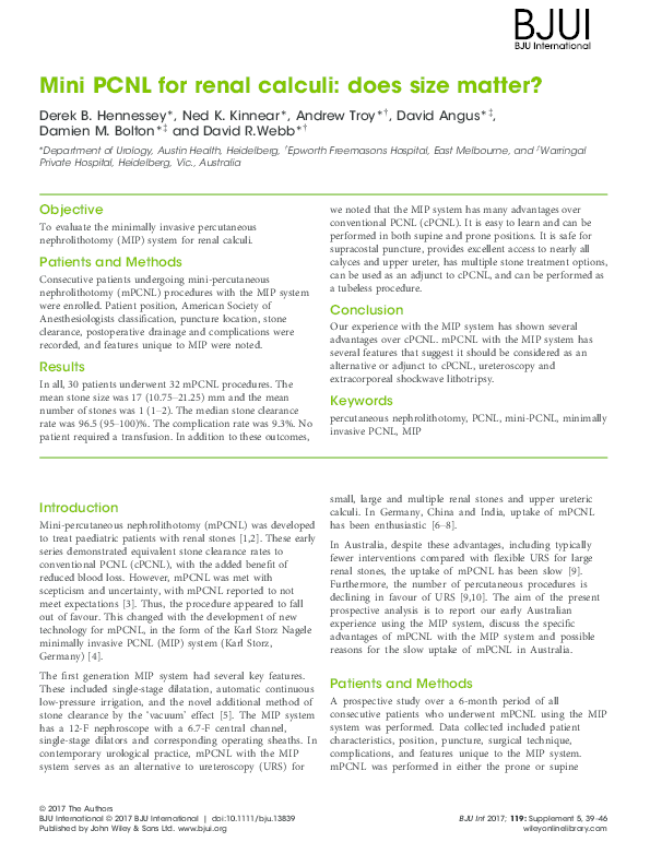 (PDF) Mini PCNL for renal calculi does size matter? Damien Bolton