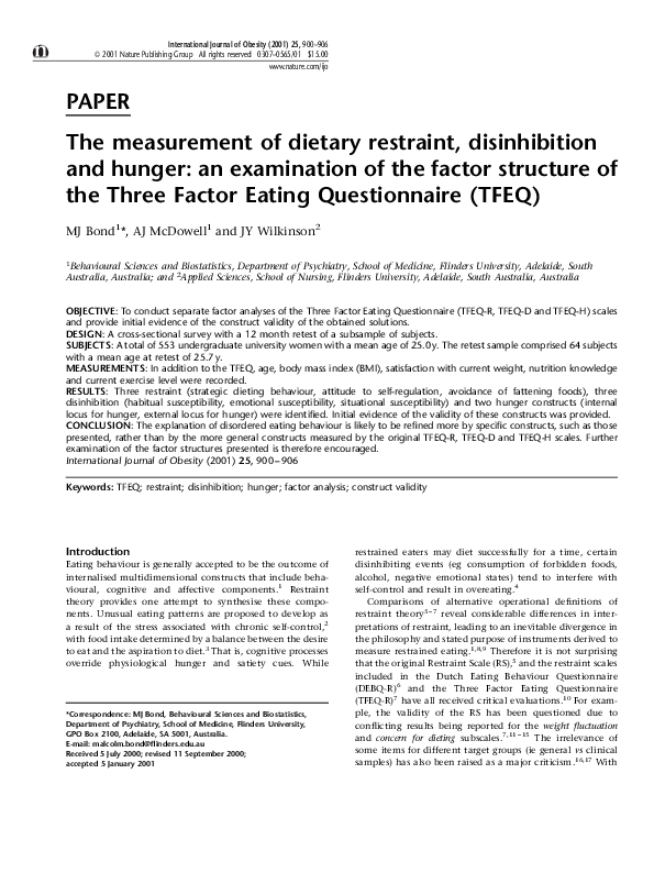 (PDF) The measurement of dietary restraint, disinhibition and hunger ...