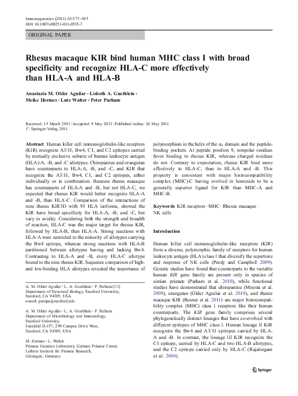 (PDF) Rhesus macaque KIR bind human MHC class I with broad specificity ...