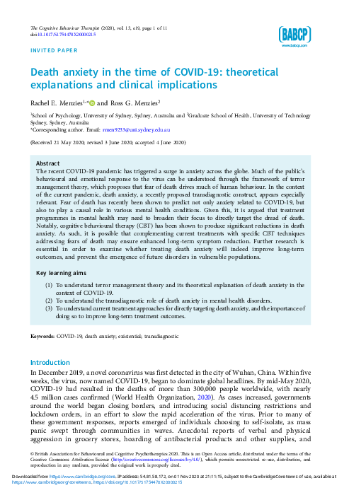 (PDF) Death anxiety in the time of COVID-19: theoretical explanations ...