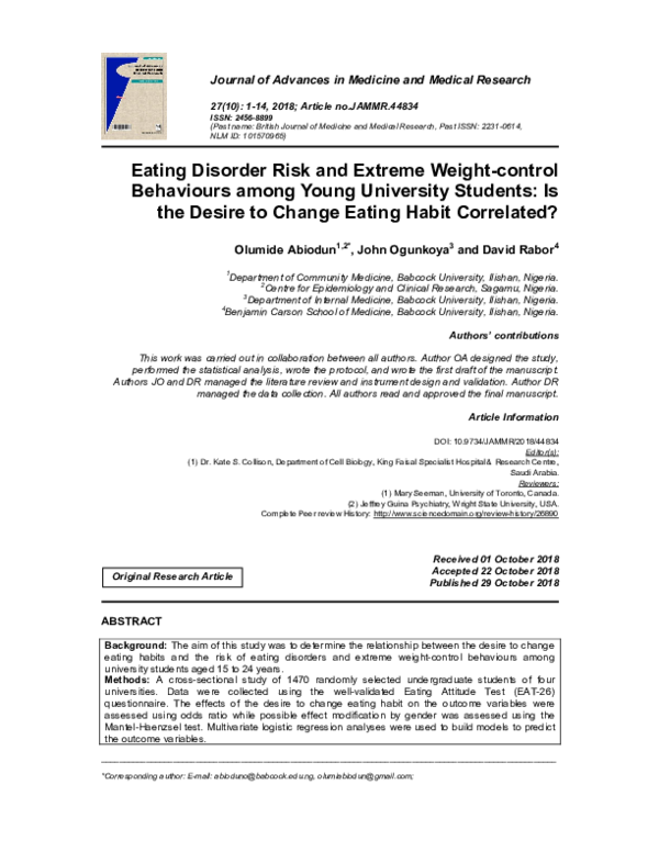 (PDF) Eating Disorder Risk and Extreme Weight-control Behaviours among ...
