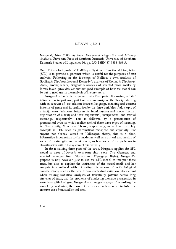 (PDF) Nina Nørgaard, Systemic Functional Linguistics and Literary Analysis