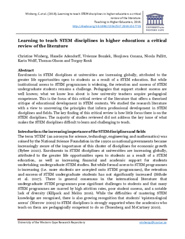 (PDF) Learning to teach STEM disciplines in higher education: a ...