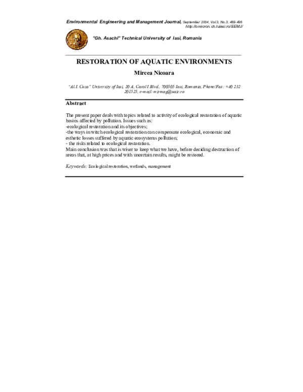 (PDF) Restoration of Aquatic Environments