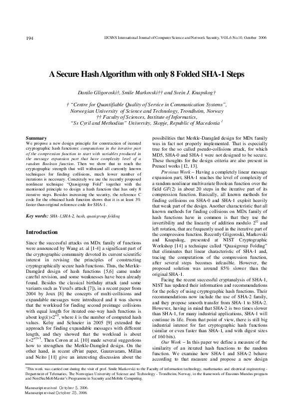 (PDF) A secure hash algorithm with only 8 folded sha-1 steps