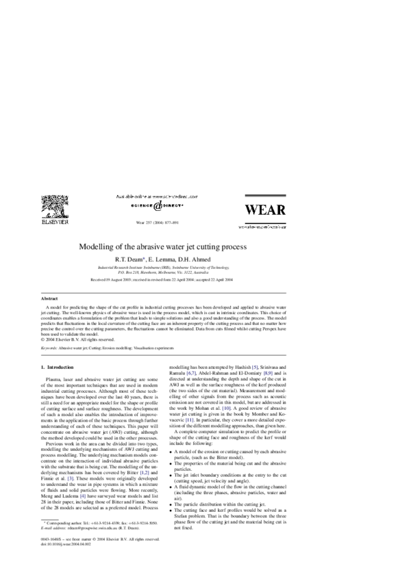 (PDF) Modelling of the abrasive water jet cutting process