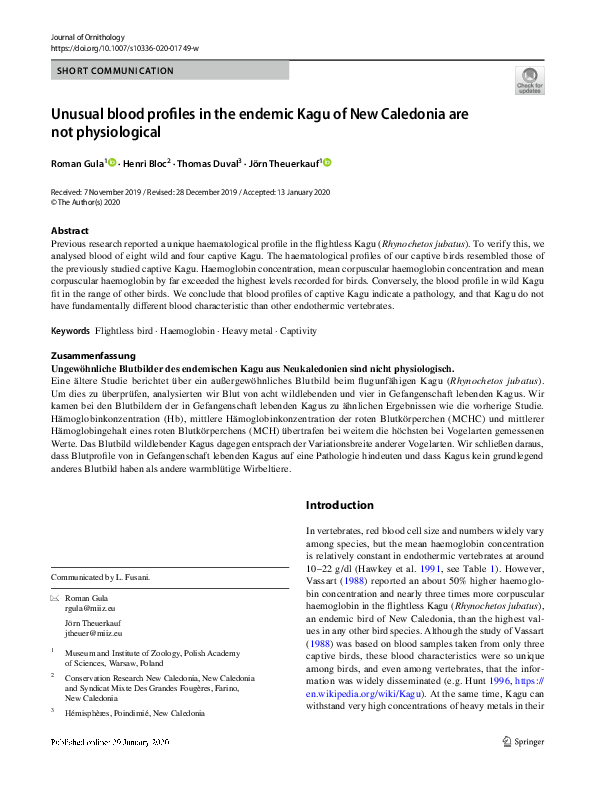(PDF) Unusual blood profiles in the endemic Kagu of New Caledonia are ...