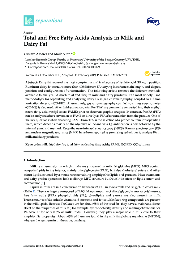 (PDF) Total and Free Fatty Acids Analysis in Milk and Dairy Fat