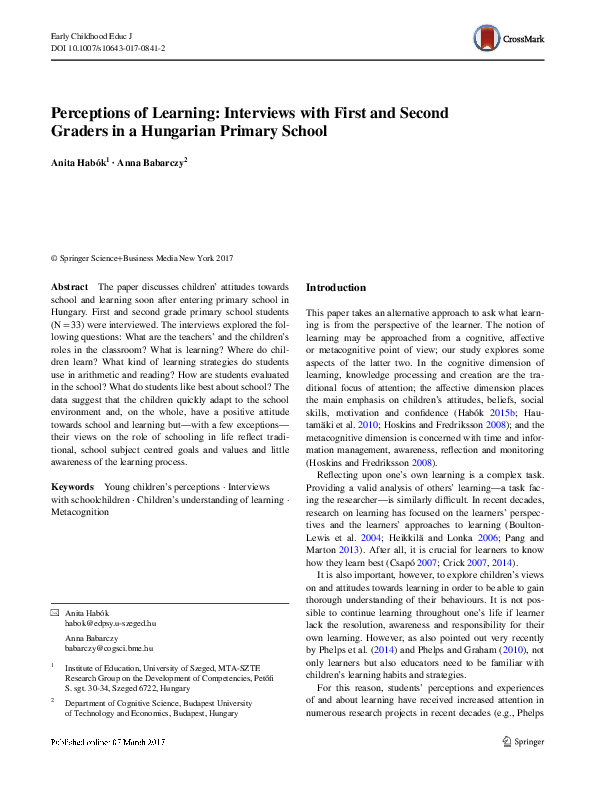 (PDF) Perceptions of Learning: Interviews with First and Second Graders ...