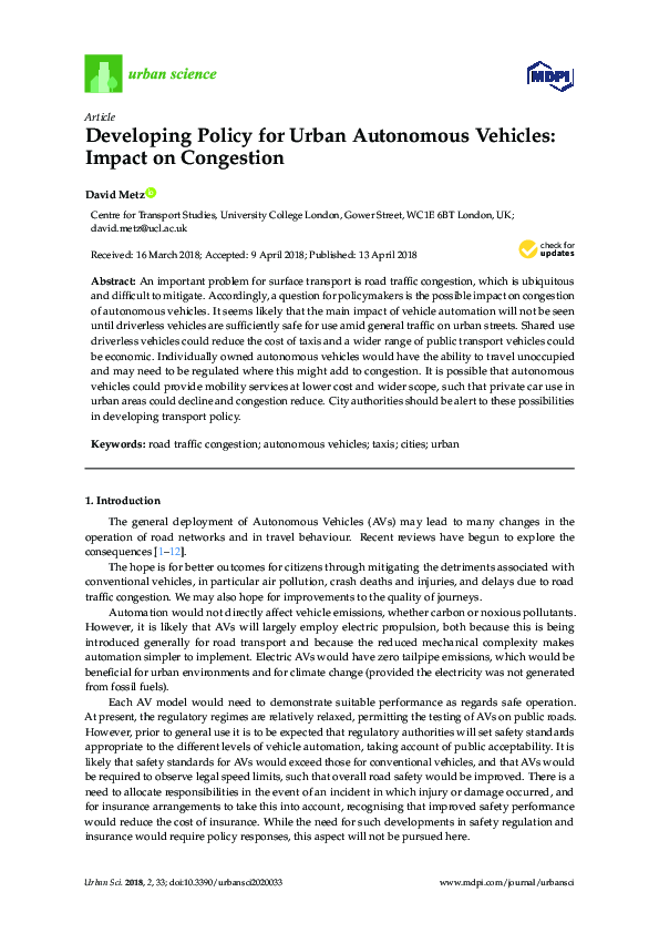 (PDF) Developing Policy for Urban Autonomous Vehicles: Impact on Congestion