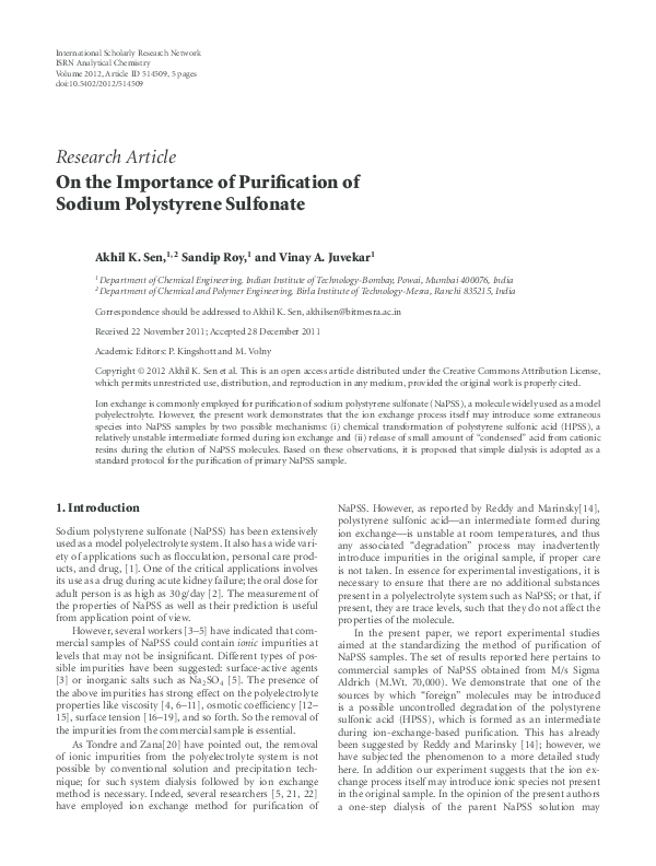 (PDF) On the Importance of Purification of Sodium Polystyrene Sulfonate