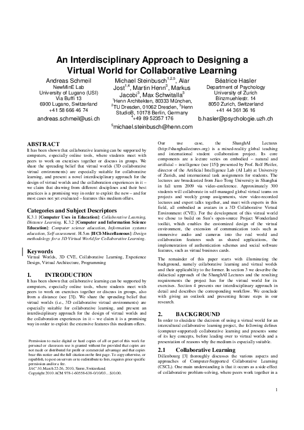 (PDF) A Workflow for Designing Virtual Worlds for Collaborative Learning