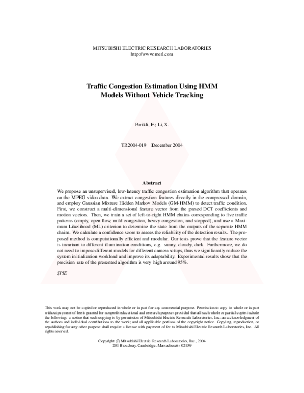 (PDF) Traffic congestion estimation using HMM models without vehicle ...