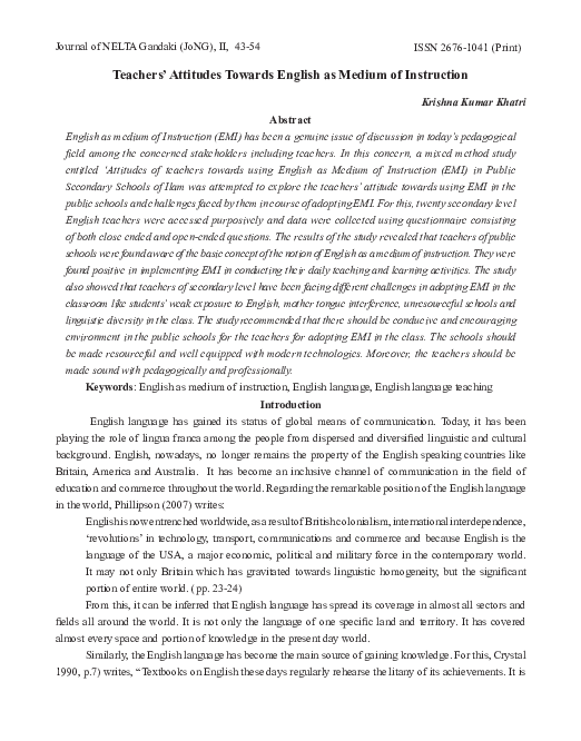 (PDF) Teachers’ Attitudes Towards English as Medium of Instruction