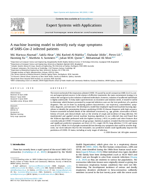 (PDF) A machine learning model to identify early stage symptoms of SARS ...