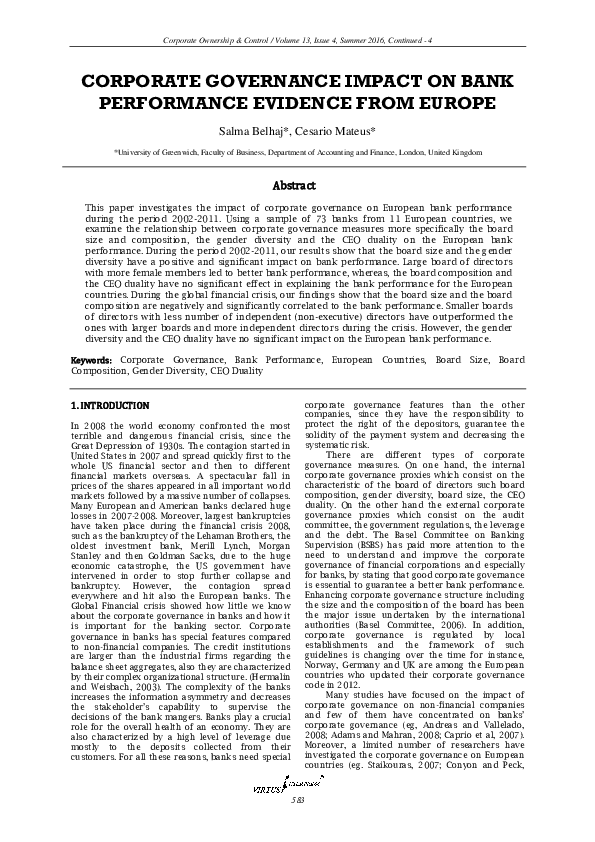 (PDF) Corporate Governance Impact on Bank Performance Evidence from Europe