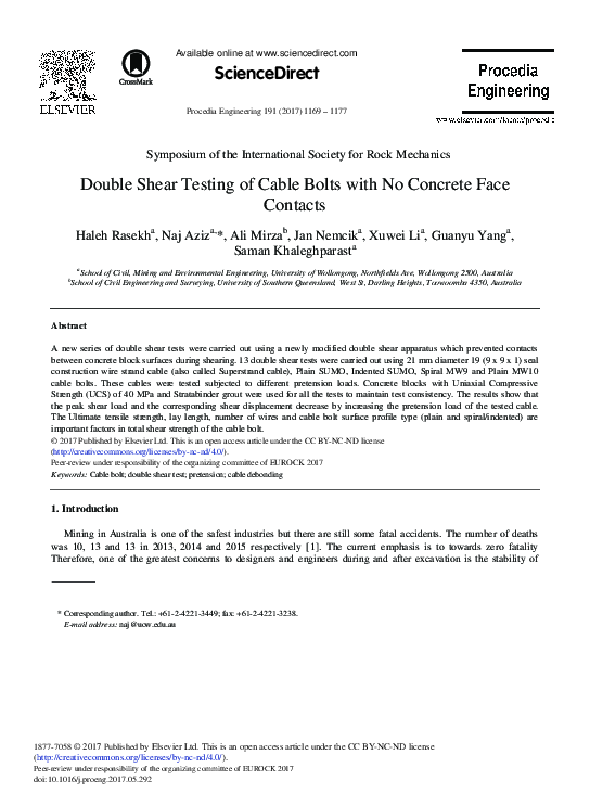(PDF) Double Shear Testing of Cable Bolts with No Concrete Face Contacts
