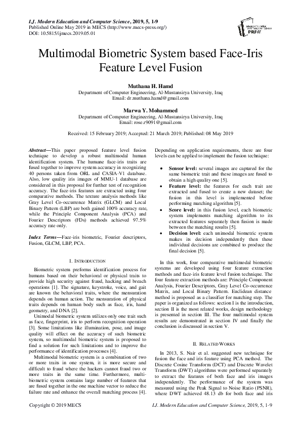 (PDF) Multimodal Biometric System based Face-Iris Feature Level Fusion
