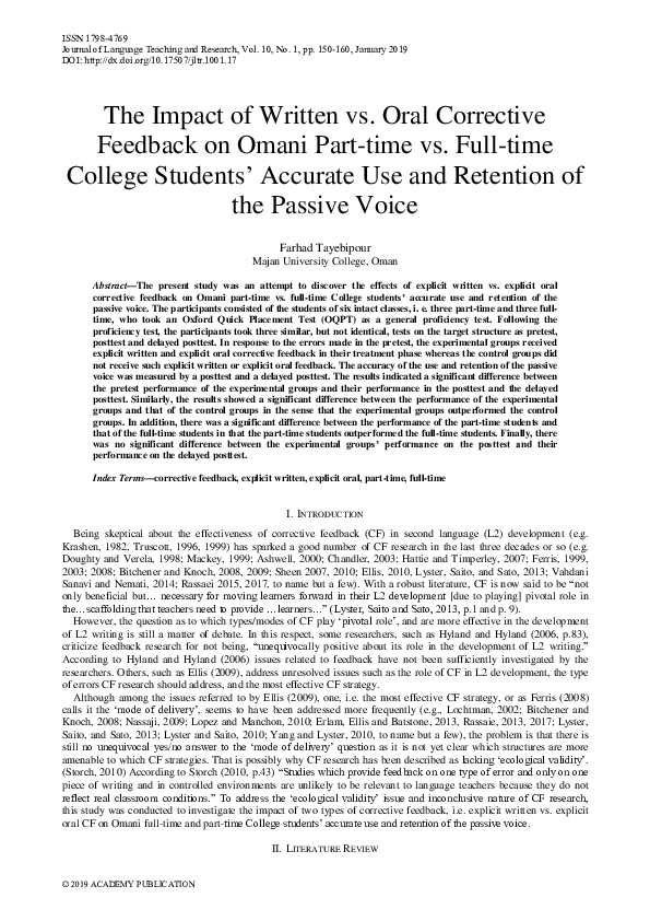  PDF The Impact Of Written Vs Oral Corrective Feedback On Omani Part 