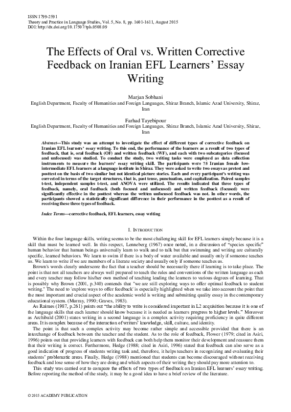 (PDF) The Effects of Oral vs. Written Corrective Feedback on Iranian ...